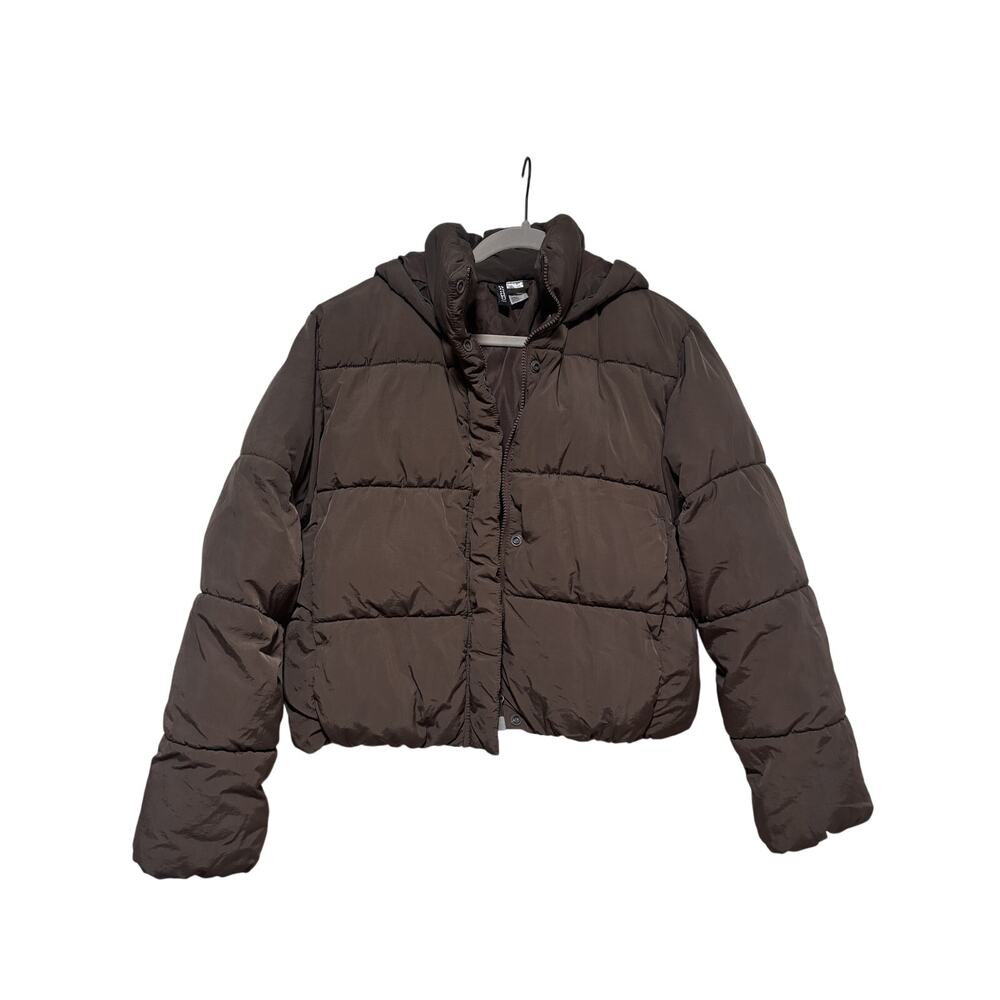Brown Cropped Puffer Jacket with Hood, Size S - Picture 2 of 6